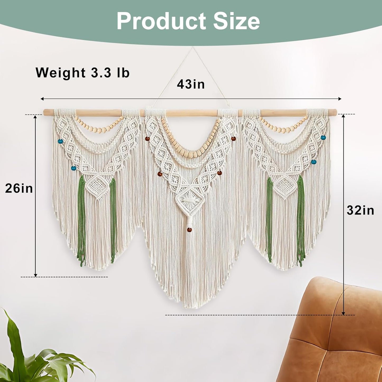 Gliterra Large Macrame Wall Hanging Handmade Boho Tapestry 43"x32" - Wall Art Decor with Wooden Beads & Rod for Living Room, Bedroom, Wedding (Includes 3-Color Beads, Clips & Green Cotton Rope)