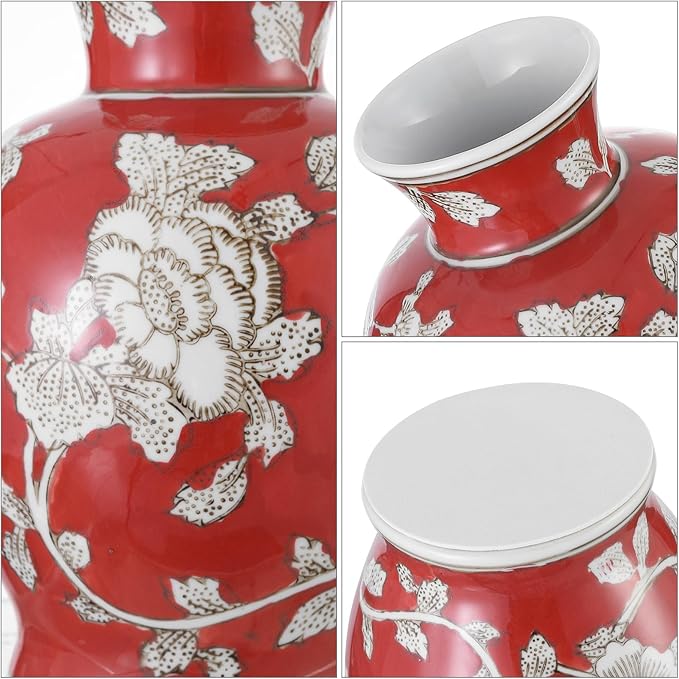 Vintage Chinoiserie Floral Ceramic Vase, Large Rustic Pottery Vases for Living Room, Entryway, Dining Table Centerpiece, Farmhouse Home Décor, Floor or Tabletop Flower Vase, (Red)