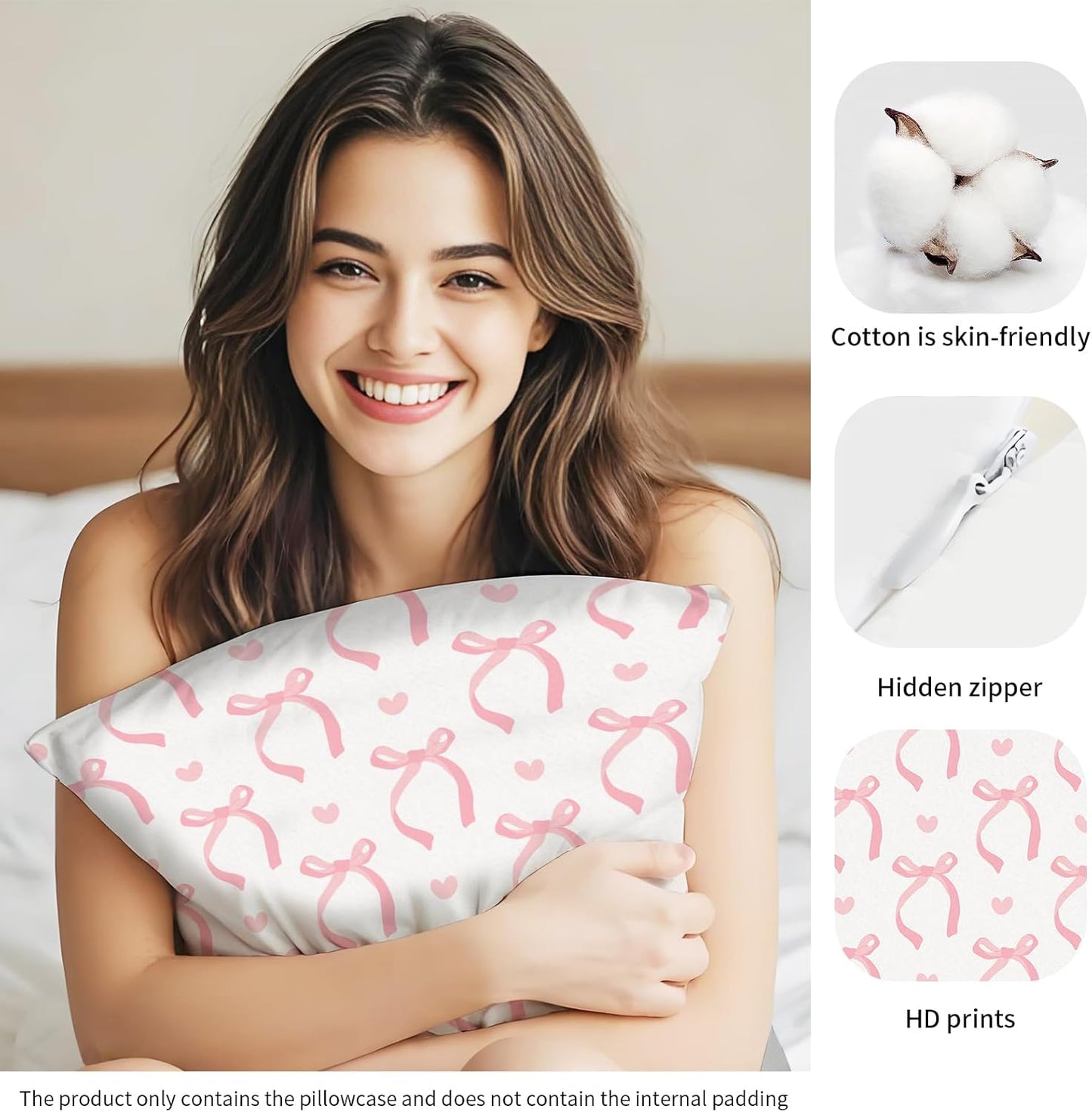 Decorative Throw Pillow Covers 18x18 Inch, Cute Home Decor for Living Room Outdoor Funny Pillowcase Polyester Cushion Case Pink White Bows