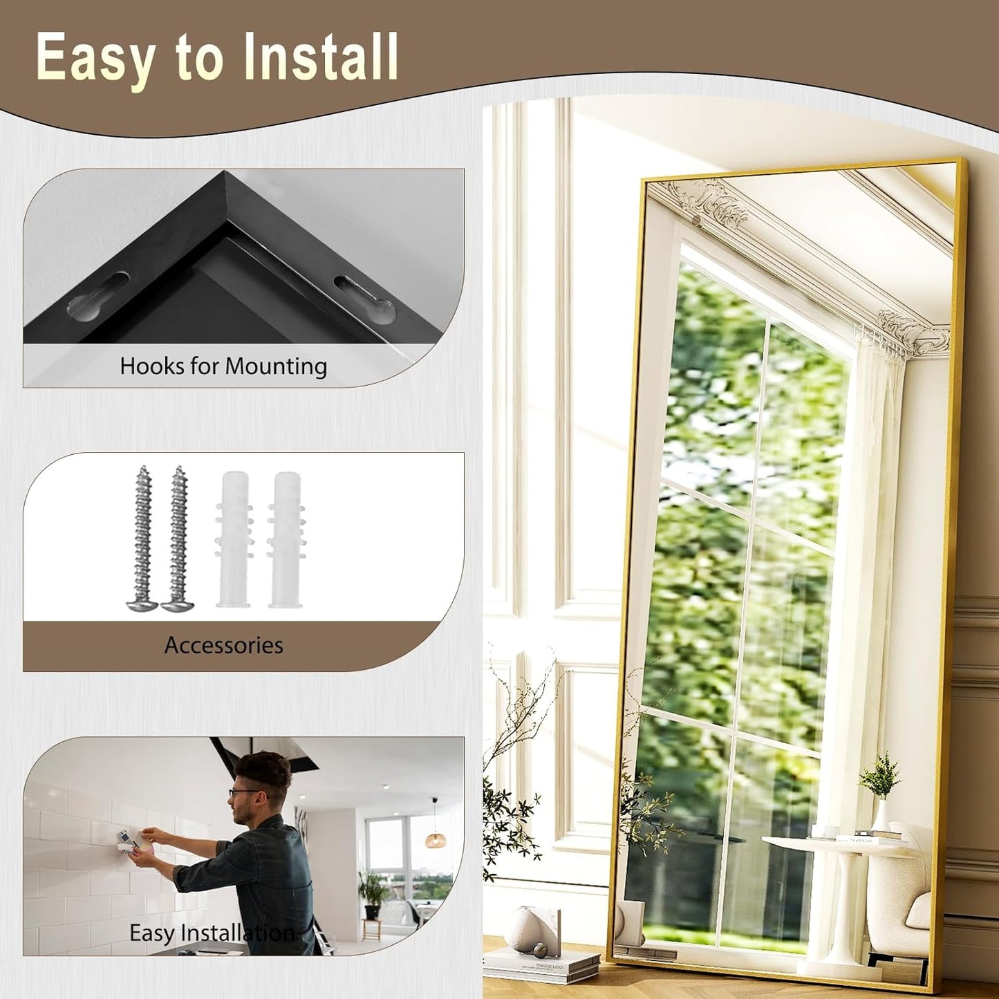 GLSLAND 68" x 24" Full Length Mirror - Rectangle Floor Mirrors Aluminum Alloy Frame Full Body Mirror for Bedroom, Living Room, Cloak Room, Gold