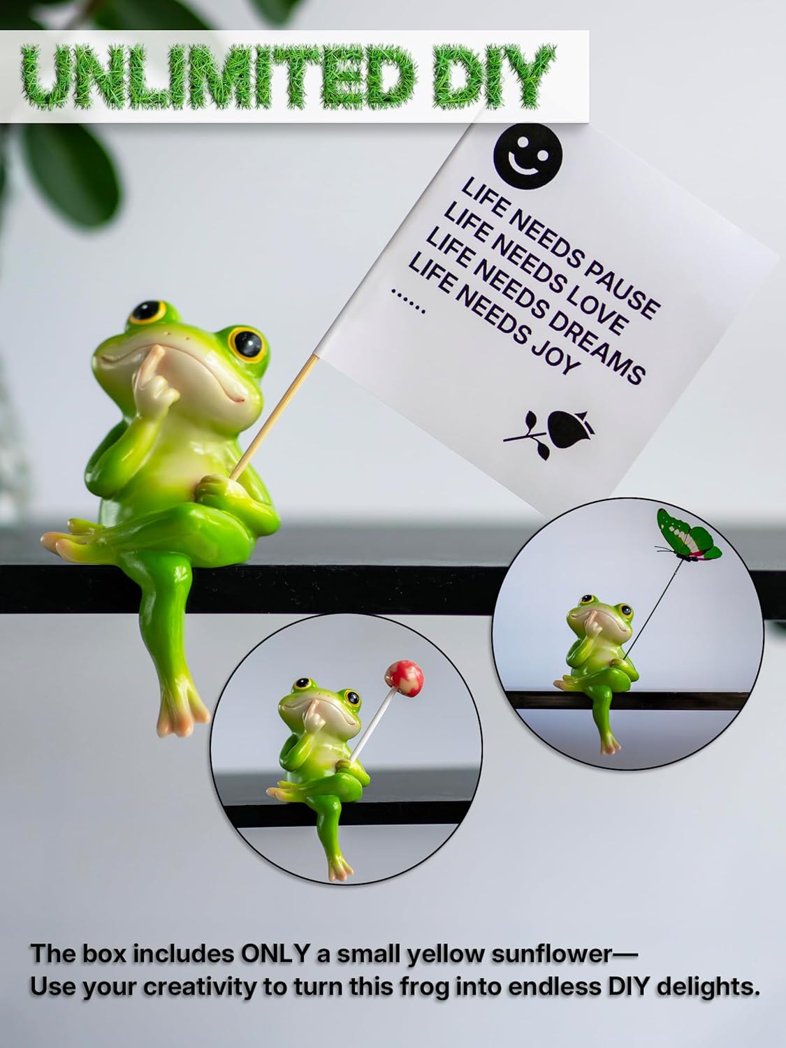 Frog Figurine, Funny Frog Statue with Removable Flower, DIY Customizable Office Home Decor for Living Room Shelf Desk Accessories, Outdoor Yard Garden Decorations, Birthday Gifts for Women