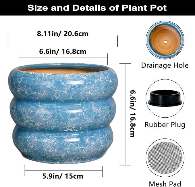 SQOWL 8 Inch Plant Pot with Drainage Hole - Ceramic Pot for Plants Outdoor Planter for Indoor Plants Decorative Plant Pot Medium Flower Pot Round Planter for Bathroom House Decor Blue