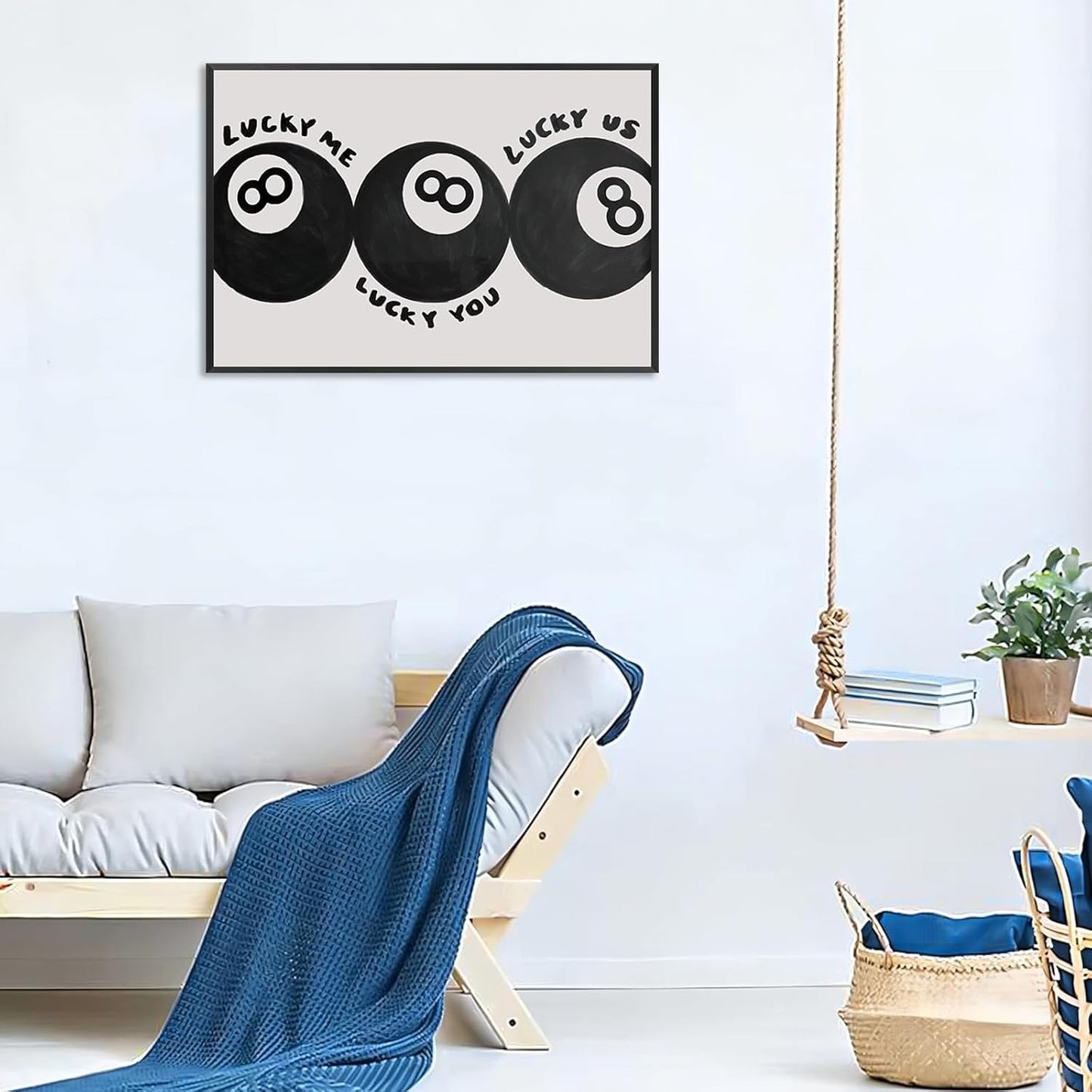 Lucky Me Lucky You Lucky Us Quote Cool Canvas Wall Art Vintage Black 8 Balls Poster Playful Billiards Print Paintings Trendy Aesthetic Pictures Decor for Game Room Bar Cart 24x36inch Metal Black Frame