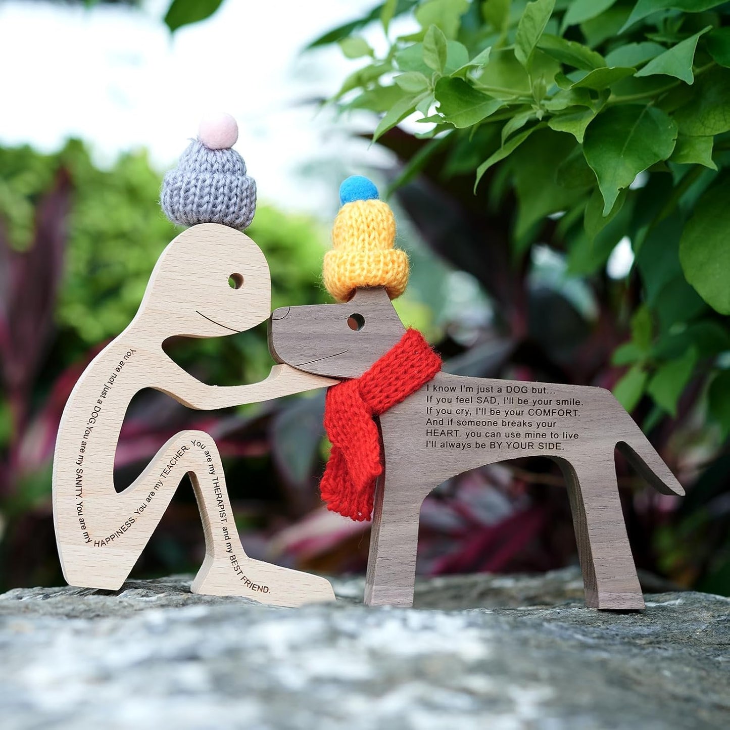 Humen and Dog Craft Figurine Desktop Table Ornament Wood Men Dog Model Creative Home Office Decoration Gift Lovely with Hat and Red Scarf(Large Size)