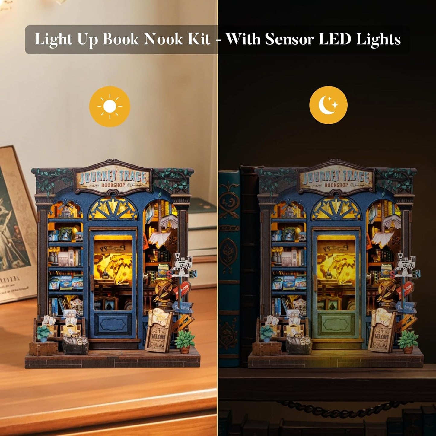 Fsolis Book Nook Kit, DIY Miniature Scene House Kit for Adults and Beginners Tiny House Mini Bookshop Model Bookshelf 3D Puzzles Nook Decor Gifts for Women Teenagers (Journey Trace Bookshop)