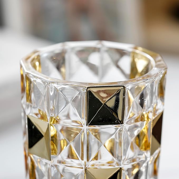Unique Diamond-Shaped Gold Color Glass Flower Vase 11.8" Tall for Home Decor, Dining Wedding Table Office Holiday Party Centerpiece Decoration. (Gold)