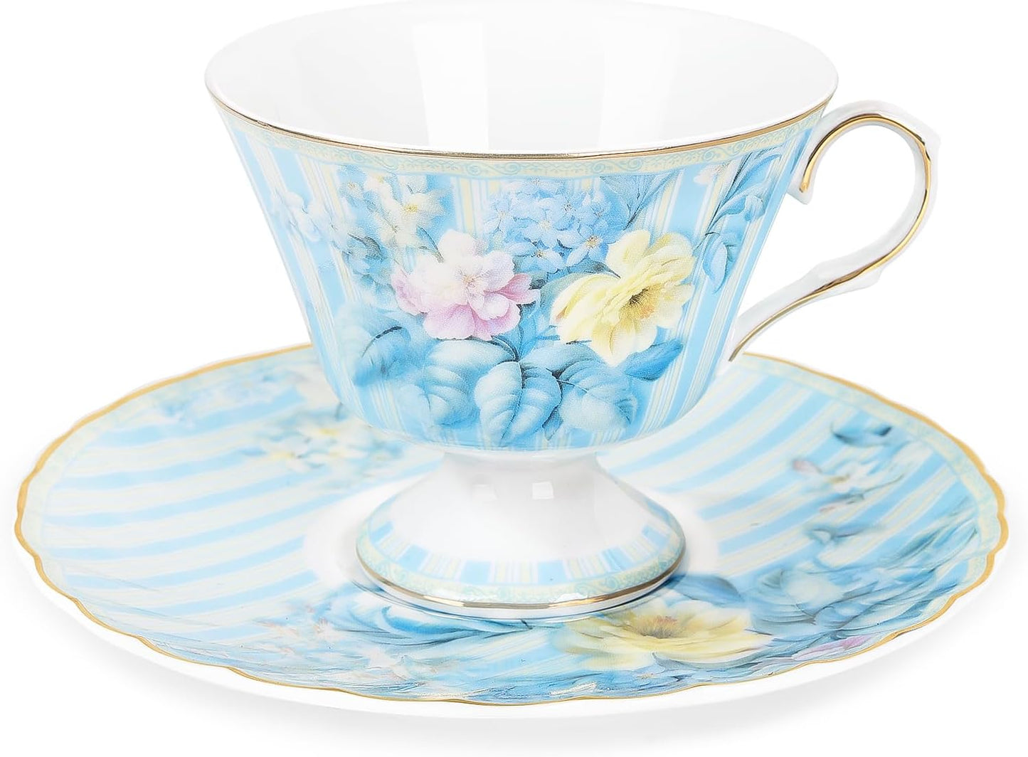 fanquare Vintage Blue Striped Tea Cup and Saucer, Hydrangea Flower Coffee Mug, Retro Floral Tea Cup Sets for Tea Party, 5oz