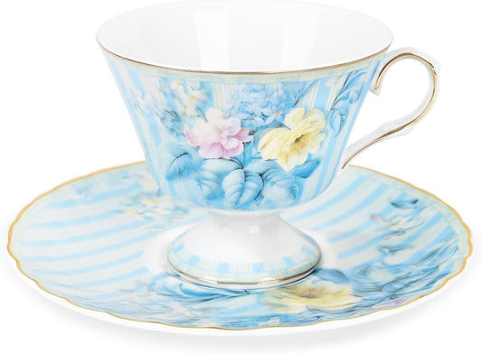 fanquare Vintage Blue Striped Tea Cup and Saucer, Hydrangea Flower Coffee Mug, Retro Floral Tea Cup Sets for Tea Party, 5oz