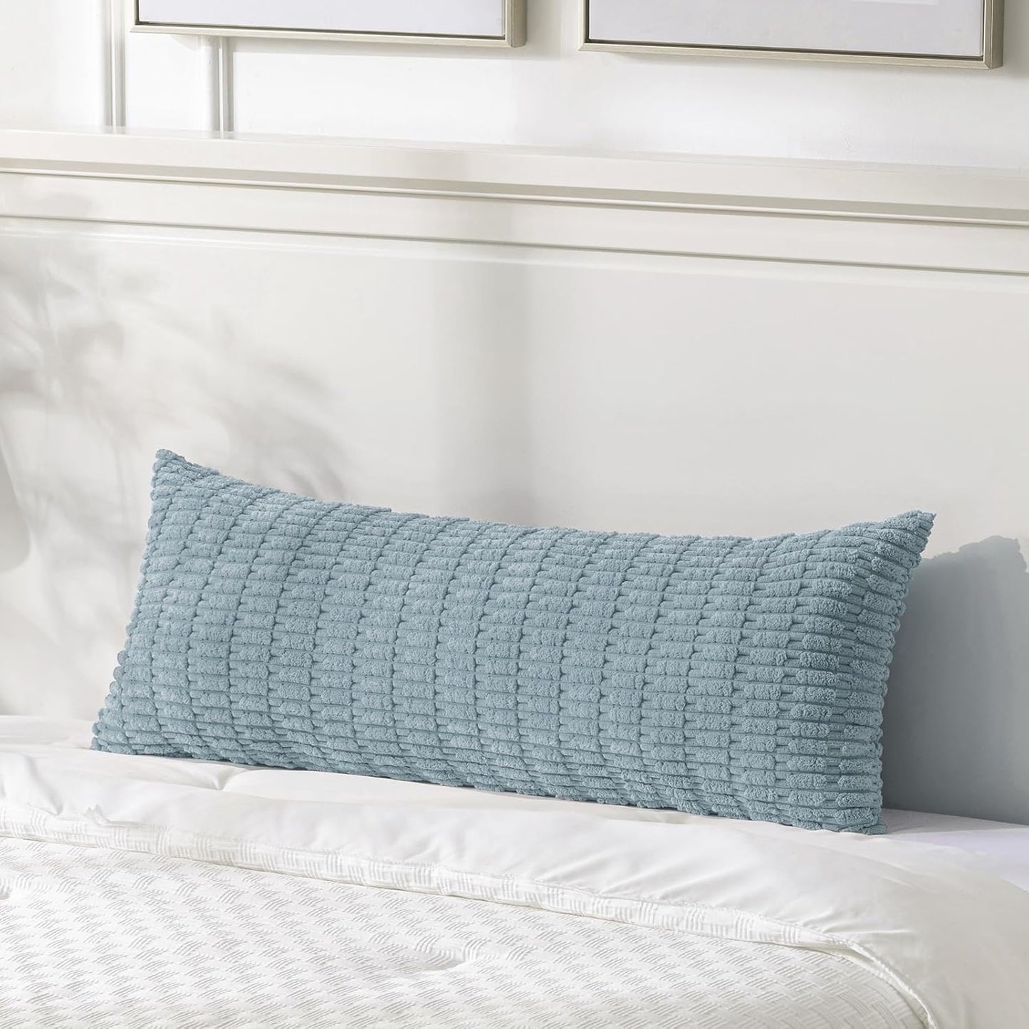 Fancy Homi 1 Pack Light Blue Long Lumbar Body Decorative Throw Pillow Covers 14x36 Inch for Bed Couch Bedroom Bench, Soft Corduroy Rectangle Solid Pillow Case 35x91 cm, Rustic Farmhouse Boho Decor