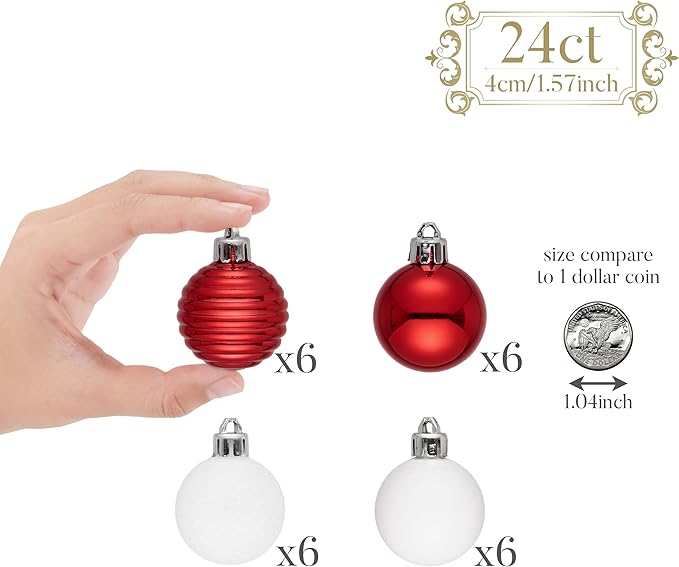 Valery Madelyn 1.57 Inches Small Christmas Tree Decorations Ornament Set for Fall Halloween, 24ct Red and White Shatterproof Hanging Ball Ornaments Holiday Party Decor
