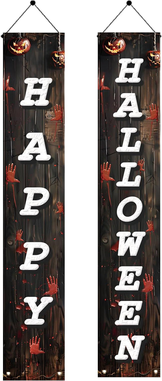 2PCS Halloween Porch Banner Decorations 71 x 12 Inch Happy Halloween Vertical Hanging Sign Scary Bloody Handprint Front Door Banner for Outdoor Haunted House Yard Party Wall Decor