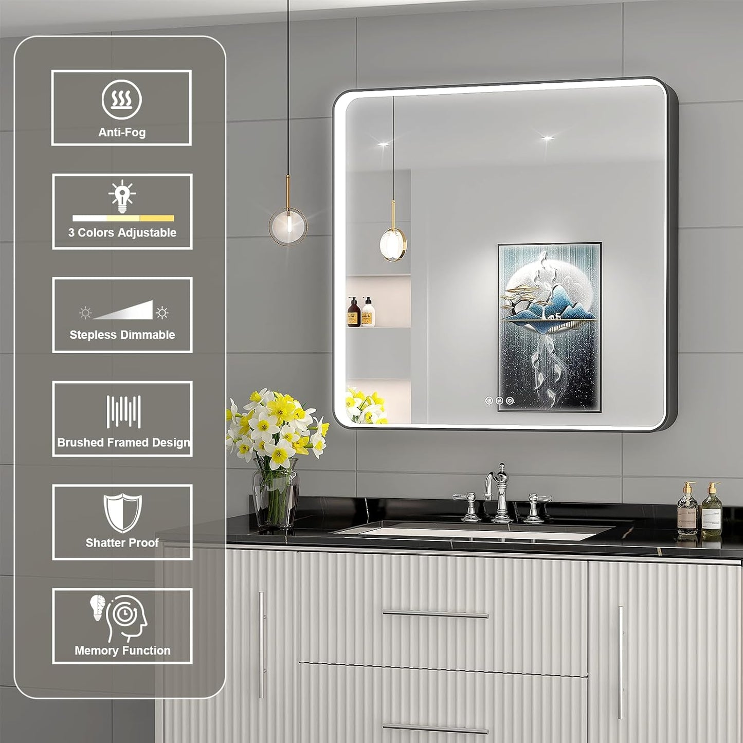 LED Mirror for Bathroom 32X32 Inch Black Framed with Anti-Fog, Stepless Dimmable, Front Lit, LED Bathroom Vanity Mirror for Wall, Memory Function, Shatter-Proof