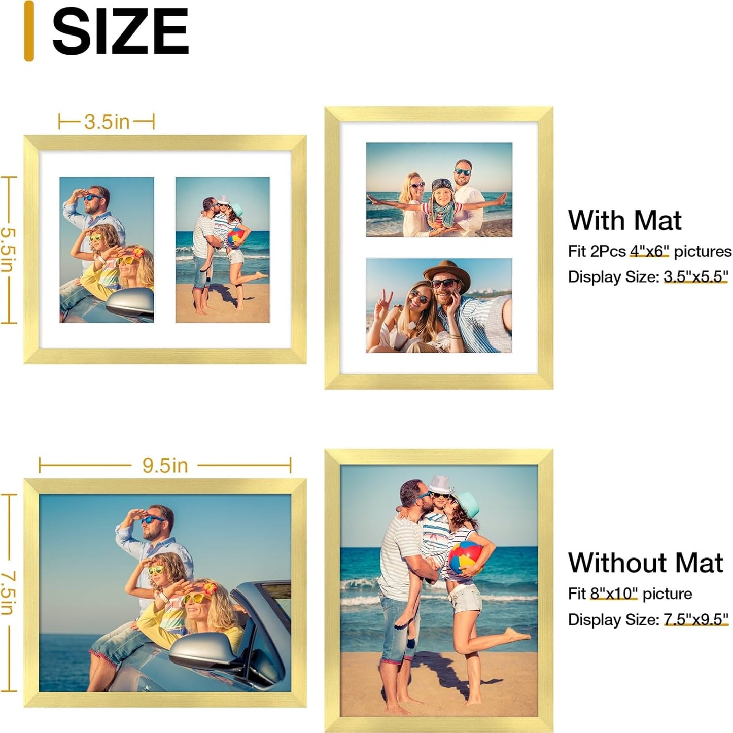 decorUhome 8x10 Picture Frames Collage Wall Decor, Display 2Pcs 4x6 Photos with Mat or 1Pcs 8x10 Unmatted, 2 4x6 Collage Picture Frames for Wall Mounting, Gold