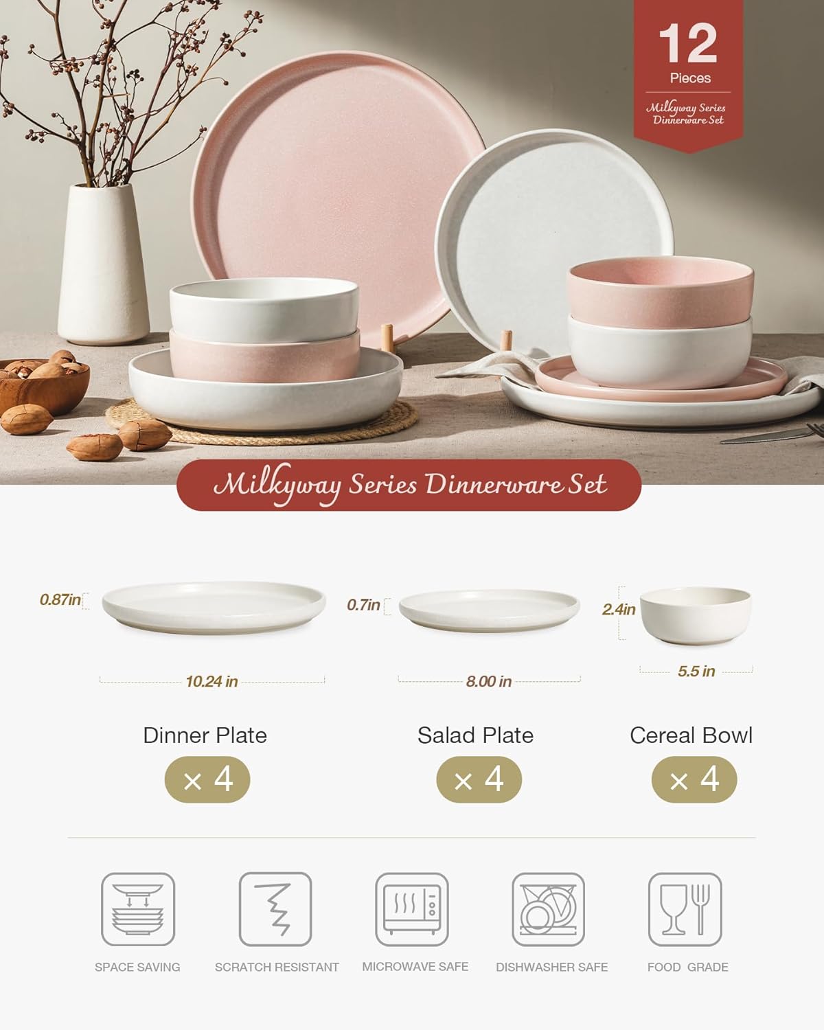 Famiware Milkyway Plates and Bowls Sets, 12 Pieces Dinnerware Sets, Reactive Glaze Dish Set, Stoneware Dishes Set for 4, Matte Beige White & Light Pink