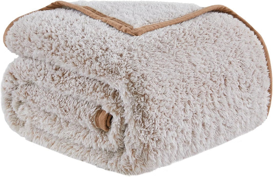 EMME Soft Sherpa Fleece Blanket Reversible Plush Fluffy Large Blanket, Light Weight Warm Decorative Boho Blanket Cover for Sofa, Couch, Bedroom,Travel(Plush Khaki,90"x90")