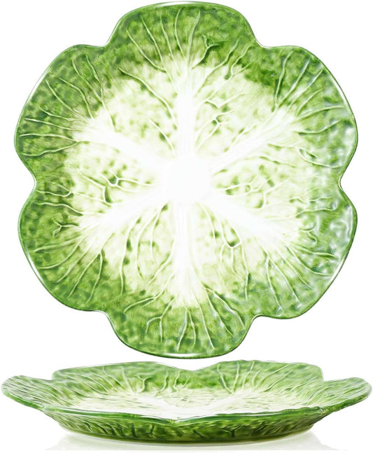 1 Pcs Green Ceramic Salad Plate, 10.5 Inch Porcelain Decorative Plates for Kitchen, Round cabbage dishware for Dessert, Decorative, Dinner, Pancakes, Steak, Cabbage Plate Microwave & Dishwasher Safe