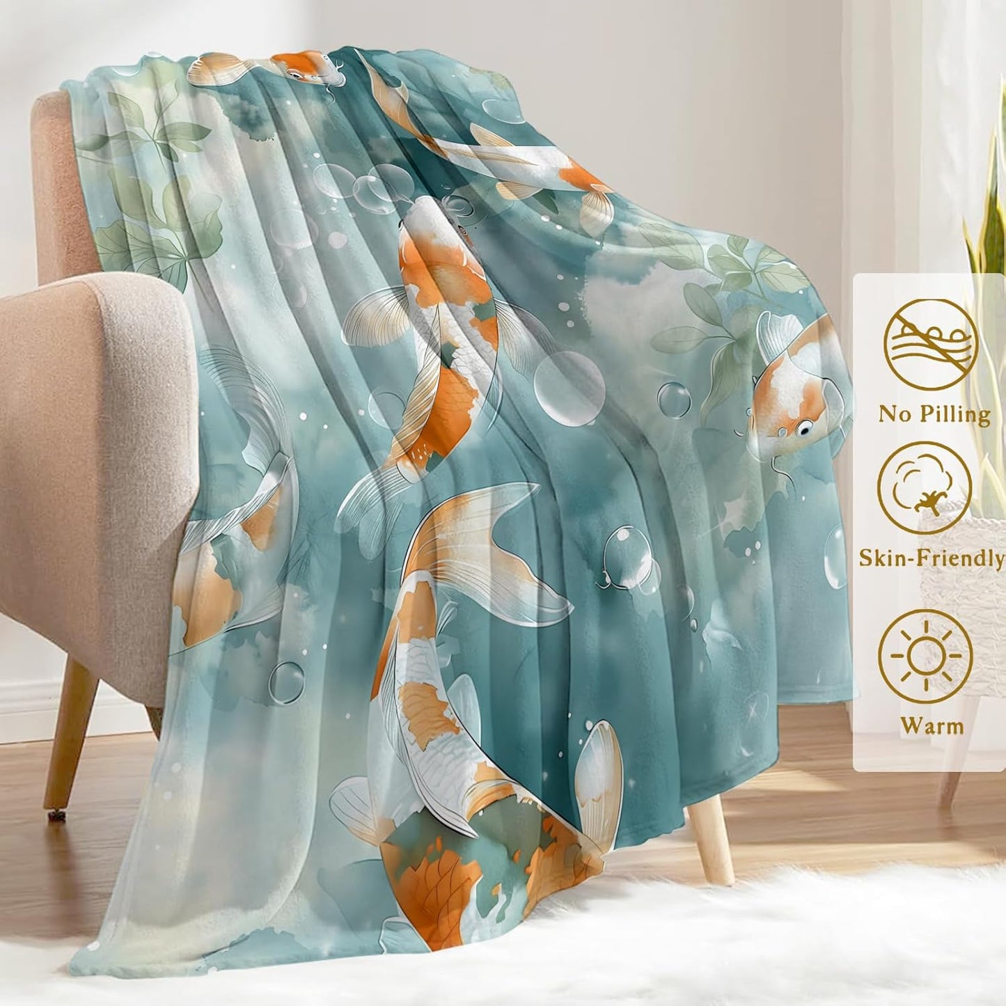 Koi Fish Flannel Blanket - Lightweight Soft Cozy Unique Gifts Blankets for Nature Lovers,Kids,Adult,Women, Watercolor Water Bubble Throw,Home Room Modern Decor 50x60in