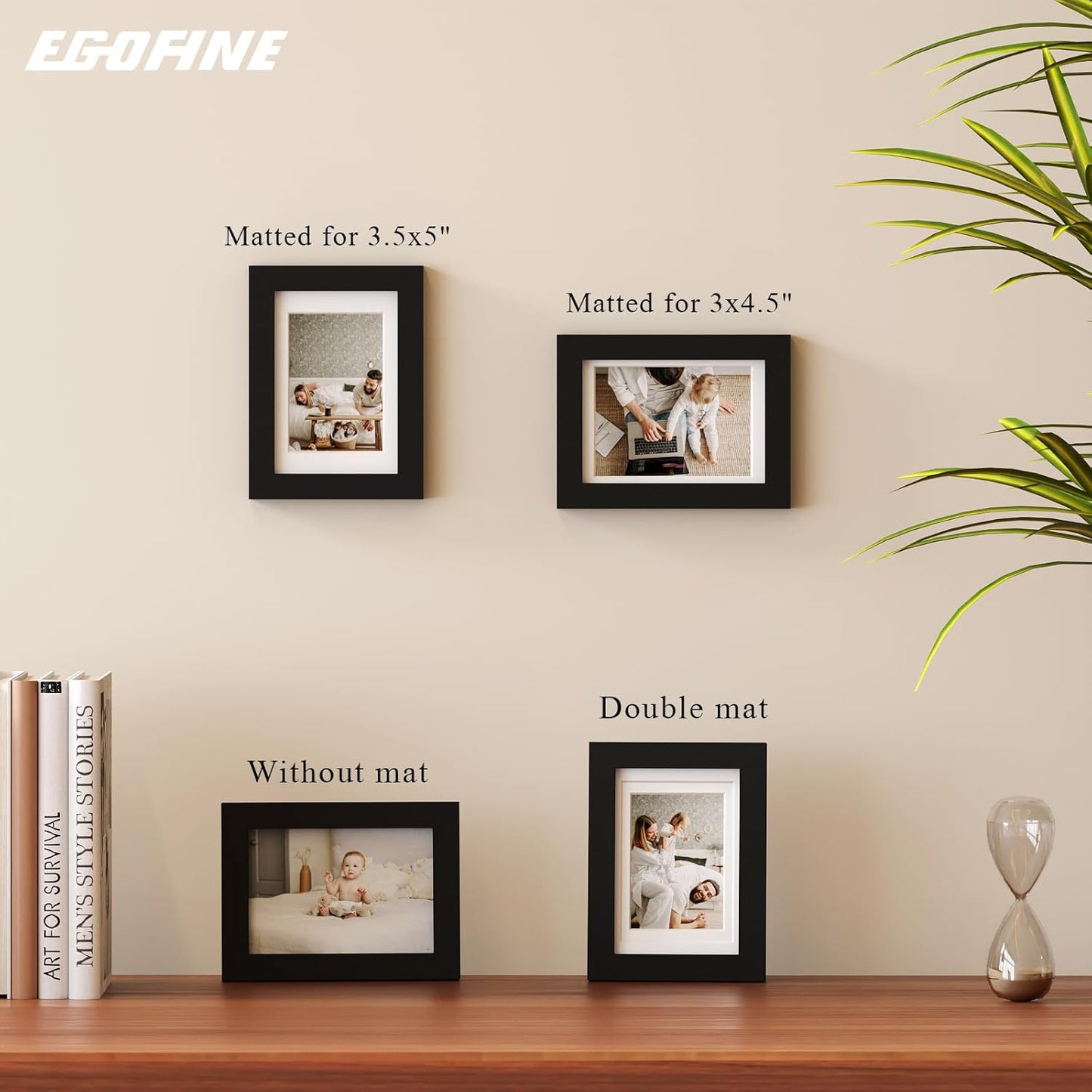 Egofine 4x6 Picture Frames Set of 4, Made of Solid Wood Covered by Plexiglass 3.5x5 with Mat or 4x6 without Mat, for Table Top Display and Wall Mounting Photo Frame Black
