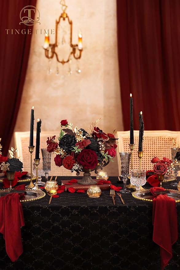 TINGE TIME Fake Flowers Artificial Flowers Peonies Bulbous Chrysanthemum Daisy Hydrangea Sunflower Violets Dahlia Daffodils Epiphyllum Orchid Cherry Blossom Camellia Leyaron (Gothic Black and Red)
