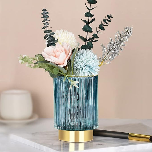 Glass Vase, Gold-Tone Metal Base, Flower Vase Decorative for Home Office Wedding Holiday Party Celebrate. Glass Plant Vase