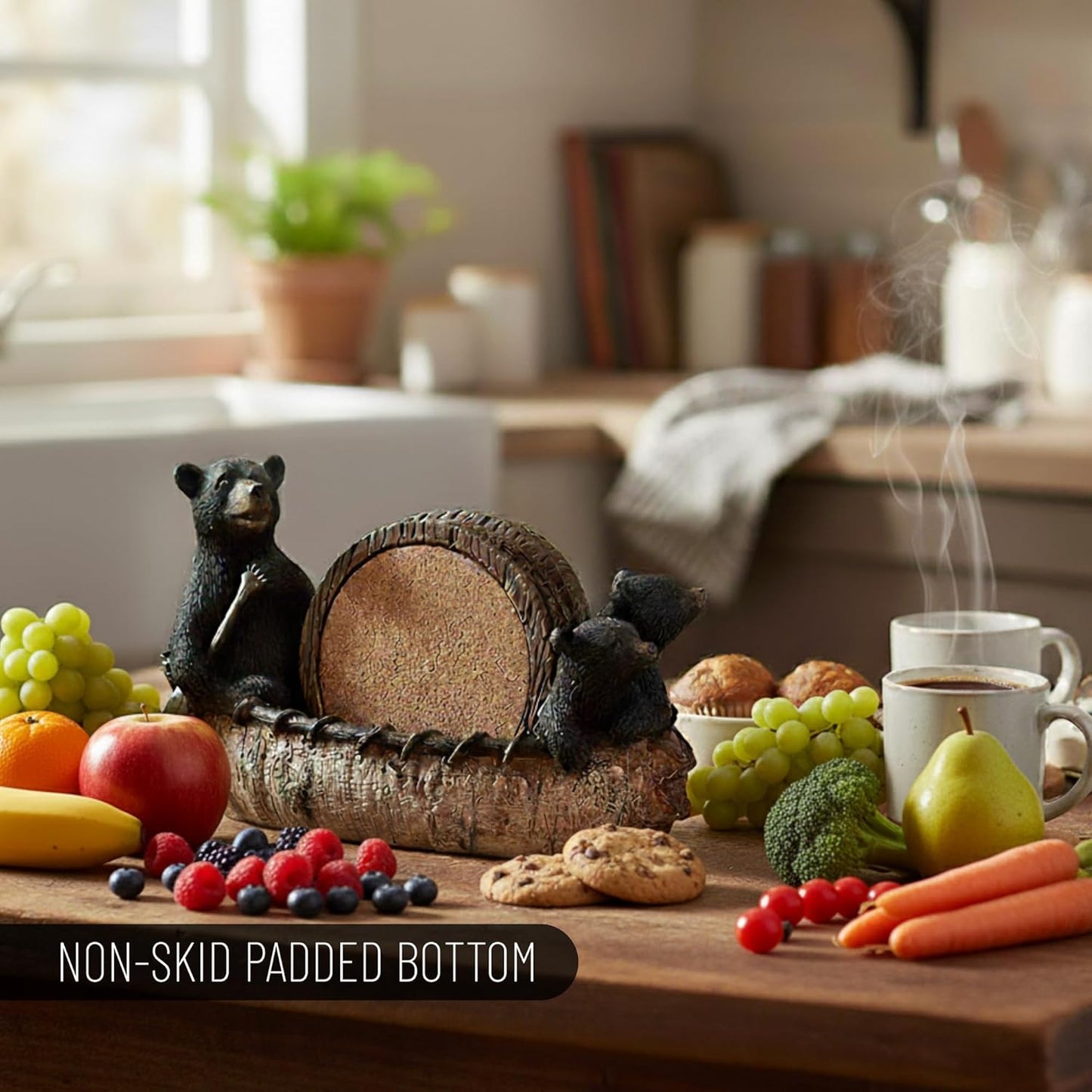 Black Bear Canoe Coaster Set with Holder - Pine Ridge 3 Rustic Black Bear Cabin Decor Absorbent Coaster Drink - Set of 5 Drink Coaster Set