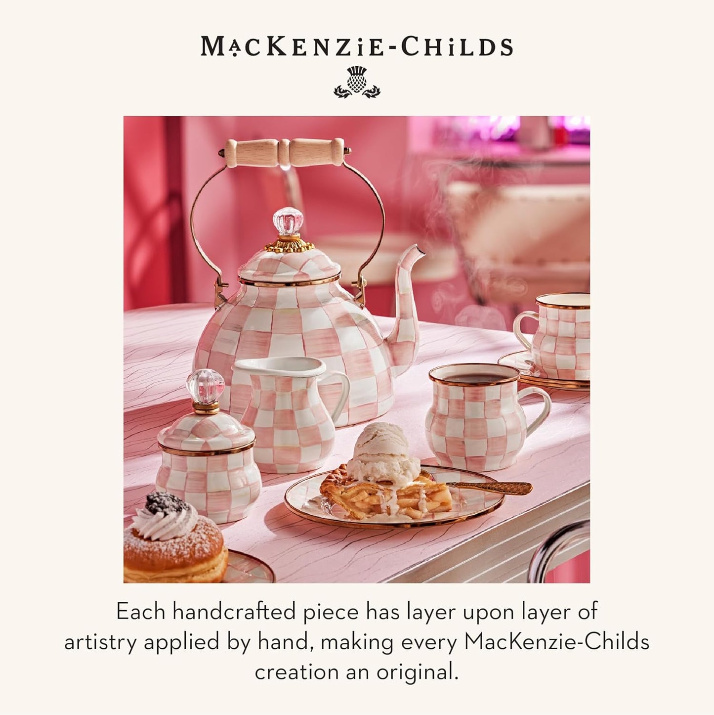 MACKENZIE-CHILDS Set of 2 Stoneware Espresso Cup and Saucer, Cute Coffee Cups, Pink-and-White Rosy Check