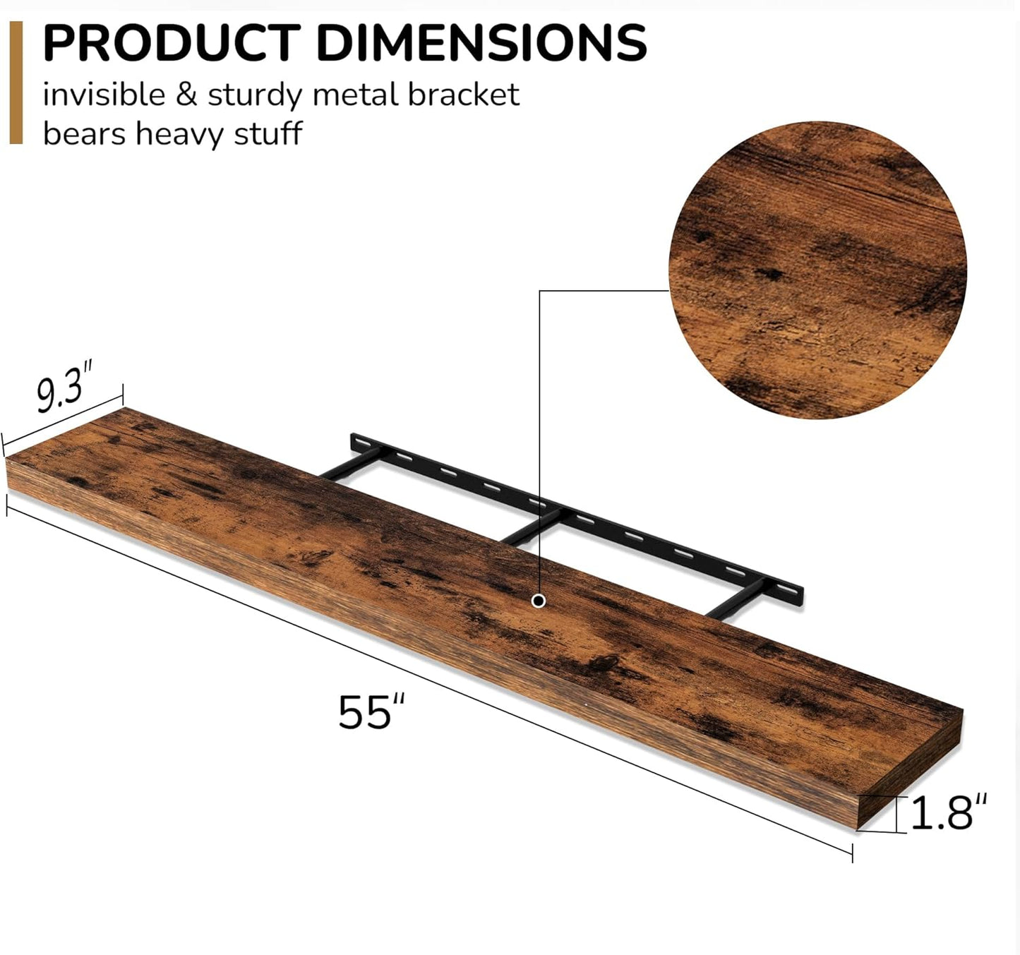 Fun Memories 55 Inch Floating Shelves - 9 Inch Deep Rustic Wooden Wall Shelves - Extra Deeper & Thicker Wall Mounted Storage Shelf for Living Room, Kitchen, Farmhouse - 55" W x 9" D x 1.8" H - Brown