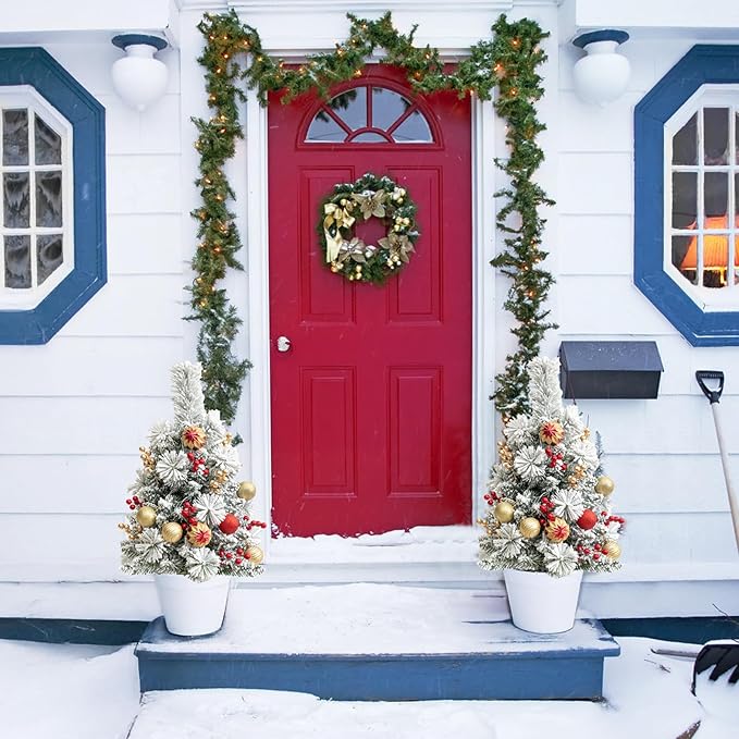 24'' Mini Artificial Christmas Tree with LED Lights and Faux Berrys, PreLit Snow Flocked Xmas White Trees, Christmas Porch Small Fake Trees for Outdoor, Home, Porch & Yard - Set of 2