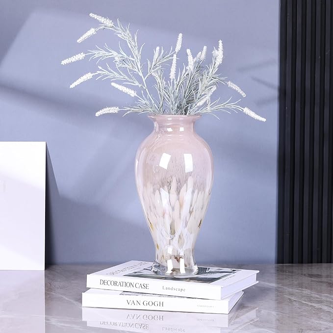 11.8" Tall Pink White Blown Glass Vase, Colorful Opaque Glass Vase, Unique Design Wide Mouth Art Decoration for Home, Living Room, Dining Table, Pampas Grass Decor (Pink White)
