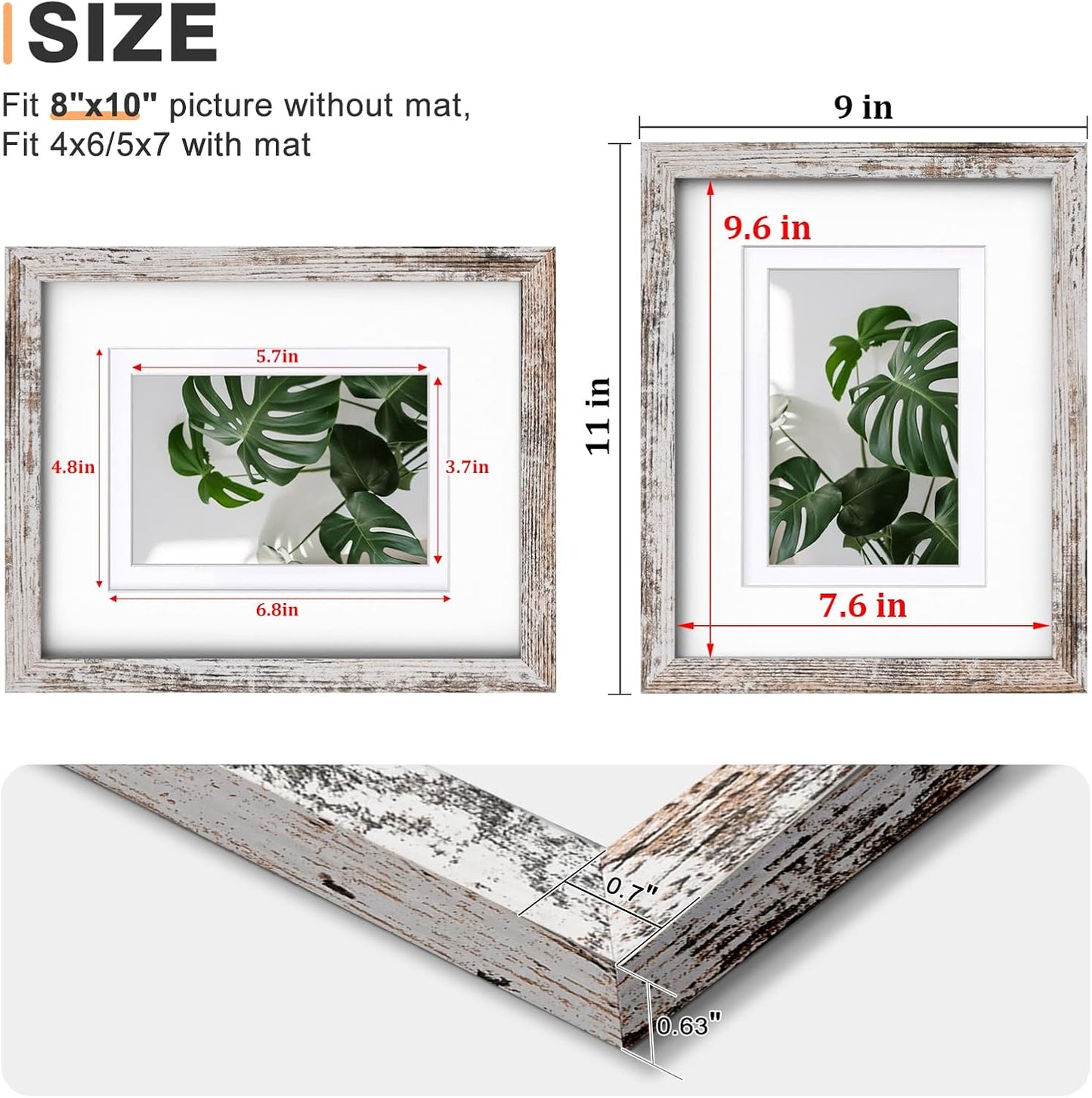 Egofine 8x10 Picture Frames Set of 4, Made of Solid Wood Covered by Plexiglass 4x6 and 5x7 with Mat or 8x10 without Mat, for Table Top Display and Wall Mounting Photo Frame Rustic White