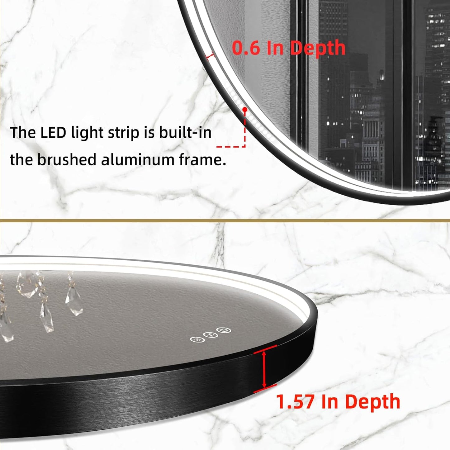 LED Bathroom Mirror with Black Framed 24 Inch, LED Mirror for Bathroom with Anti-Fog, Stepless Dimmable, Front Lit, Memory Function, Shatter-Proof