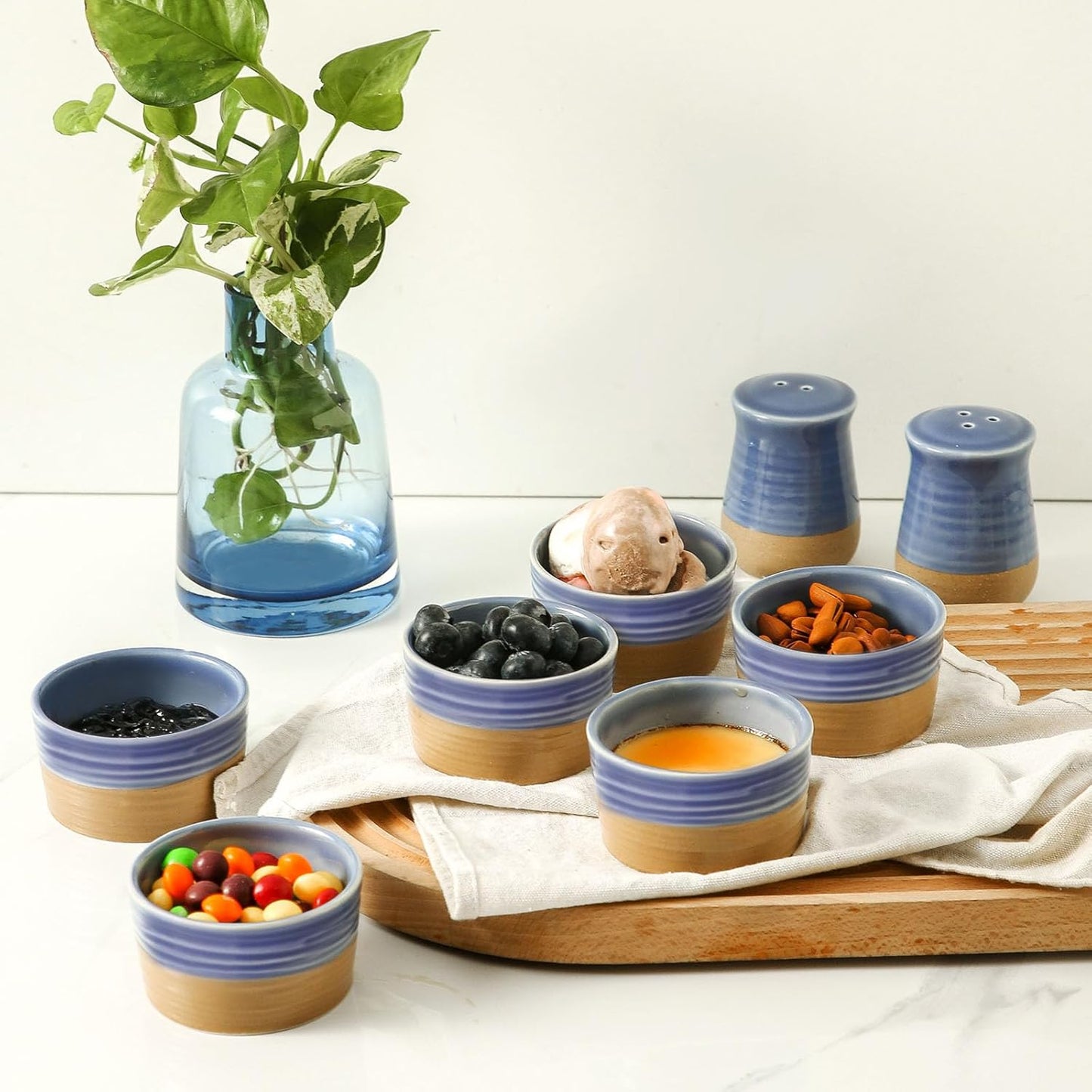 Hasense Ramekins 4 oz, Ceramic Ramekins Oven Safe Set of 6, Small Creme Brulee Ramekins Bowls for Backing, Serving Dip, Custard, Ice Cream, Housewarming Gift, Blue-purple