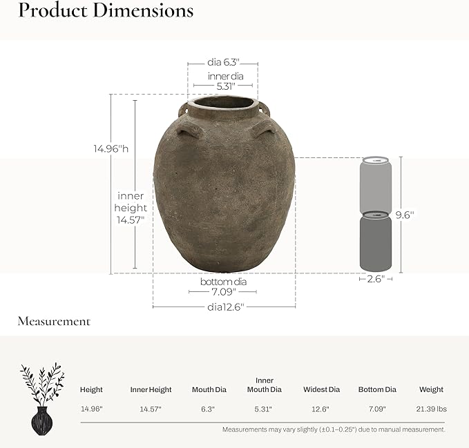 LuxenHome Rustic Ceramic Flower Vase,15 Inch Tall Brown Terracotta Cauldron Vase for Living Room Decor，Large Floor Vase Home Décor Accents,Round Vintage Pottery Vases Home Decor