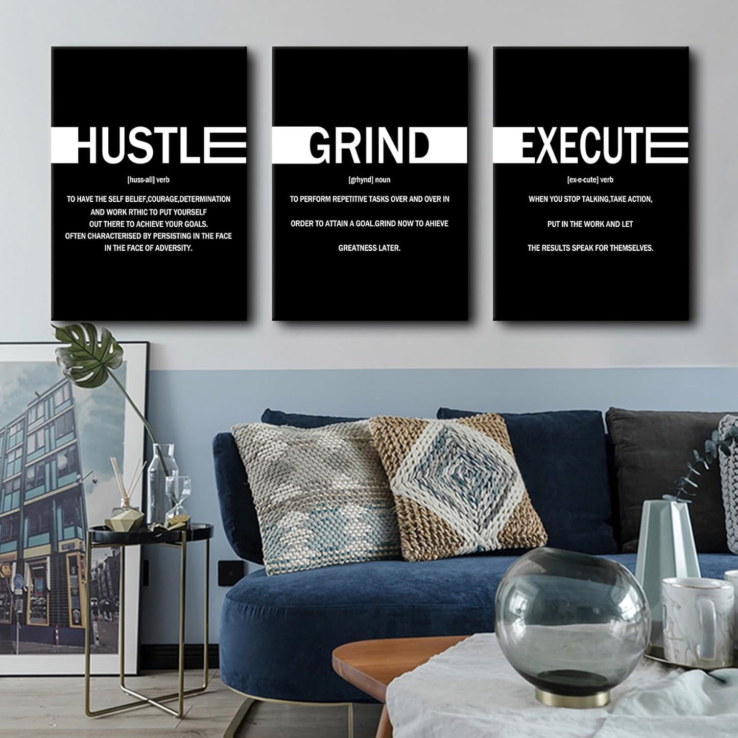 Hustle Grind Execute Entrepreneur Quotes Poster Print Motivational Pictures Painting Inspirational Canvas Wall Art for Office Bedroom Living Room School Wall Decor Ready to Hang [60''Wx28''H]