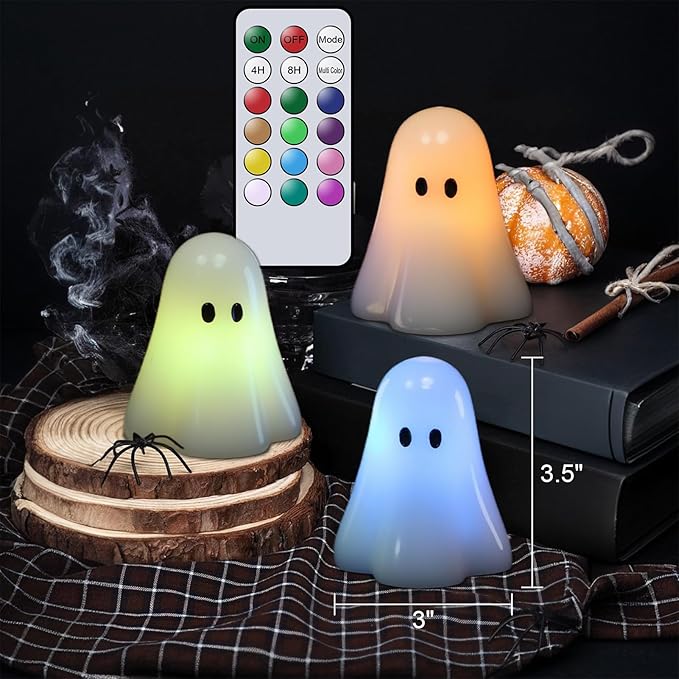 Wondise Halloween Flameless Candles Color Changing with Remote Timer, Real Wax Battery Operated Flickering Halloween Spooky Ghost Candles for Halloween Decoration Gift （D 3" x H 3.5"）