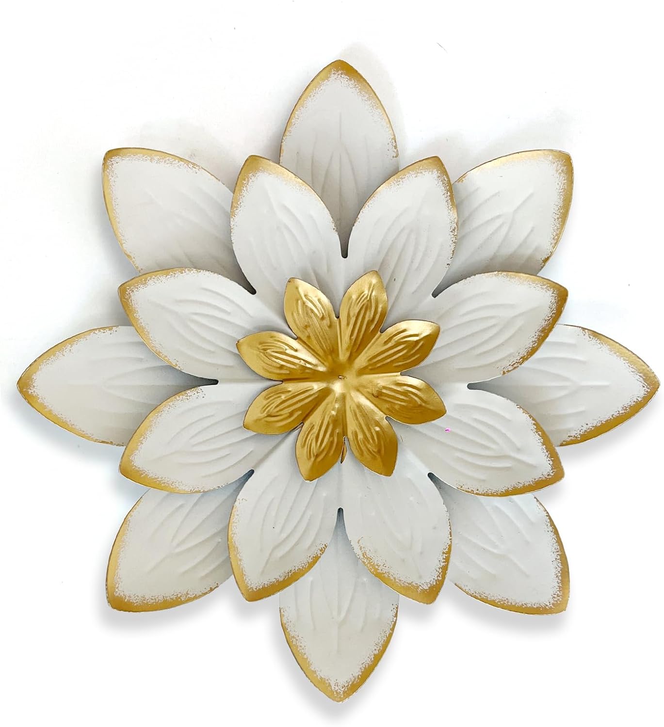 LIFFY 9.2“ White and Gold Metal Flower Wall Art, Modern Rustic Floral Decor for Indoor Living Room Bedroom Office Outdoor Garden Patio Yard