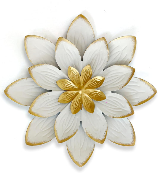 LIFFY 9.2“ White and Gold Metal Flower Wall Art, Modern Rustic Floral Decor for Indoor Living Room Bedroom Office Outdoor Garden Patio Yard