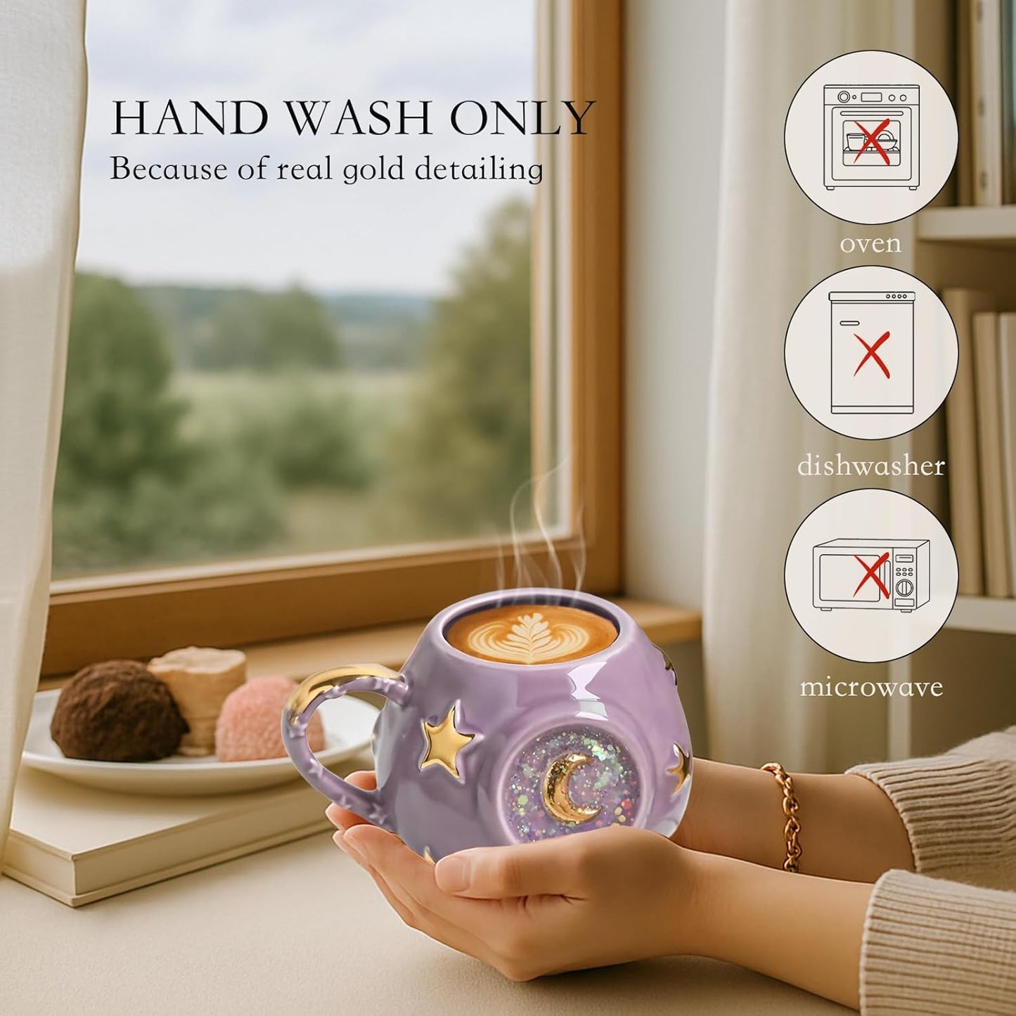 Handmade Coffee Cup 400ML with Fancy Tarot Star/Moon Design, Fashion Starry Sky Ice Coffee Cup, Gradient Pink Pottery Tea Cup for Home/Office (purple)