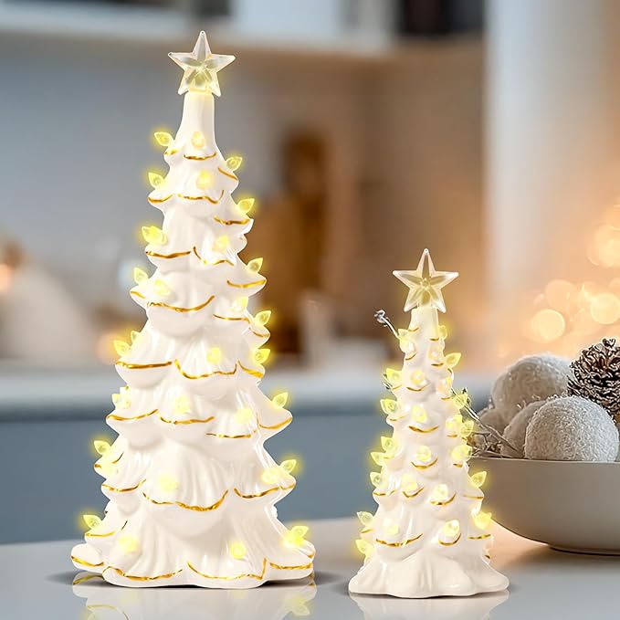 WDS WONDROUS Ceramic Christmas Tree Tabletop - White and Gold Accents 2PCS Table Top Christmas Trees with Lights Prelit - Small Xmas Tree Figurines Home Mantel Desk Centerpieces