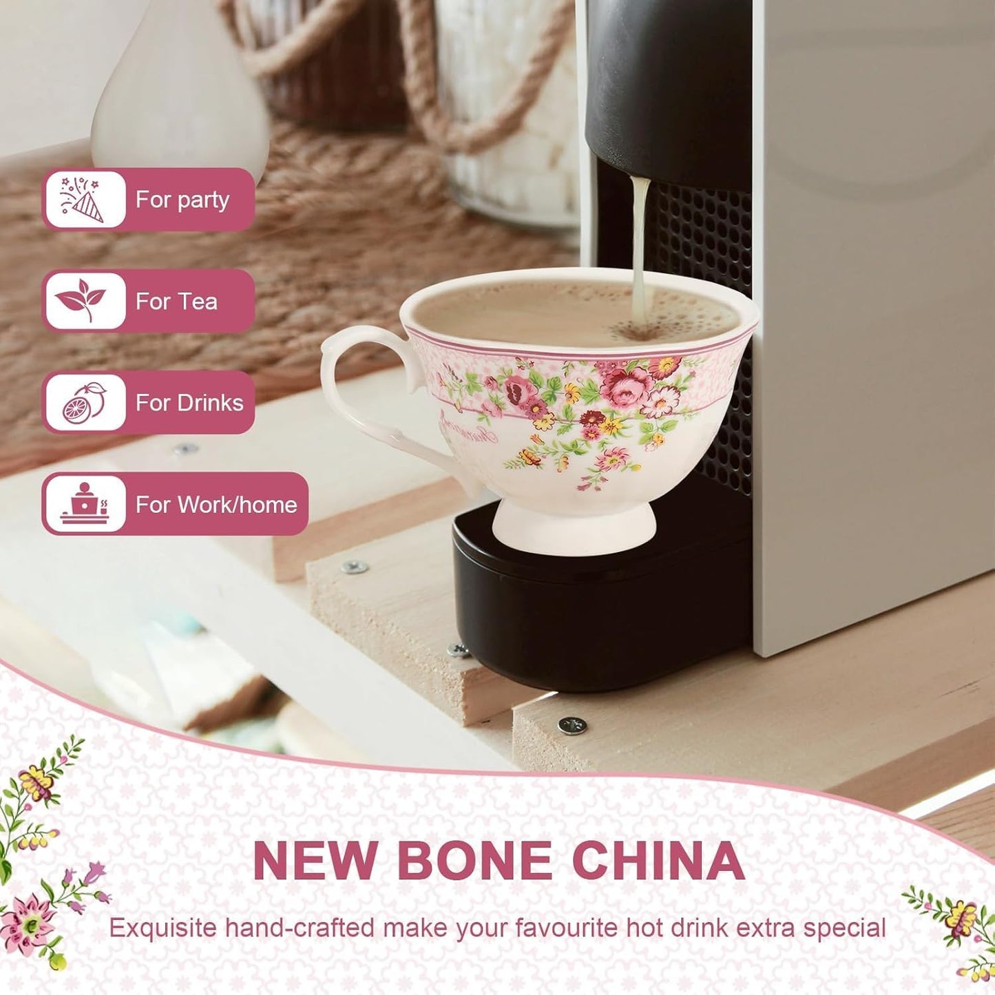 Cup and Saucer Sets of 2 with Spoon, 8oz Large Tea Coffee Cups and Saucers New Bone China Floral Vintage Cup & Saucer Sets Porcelain Tea Latte Mugs -Microwave Dishwasher Safe