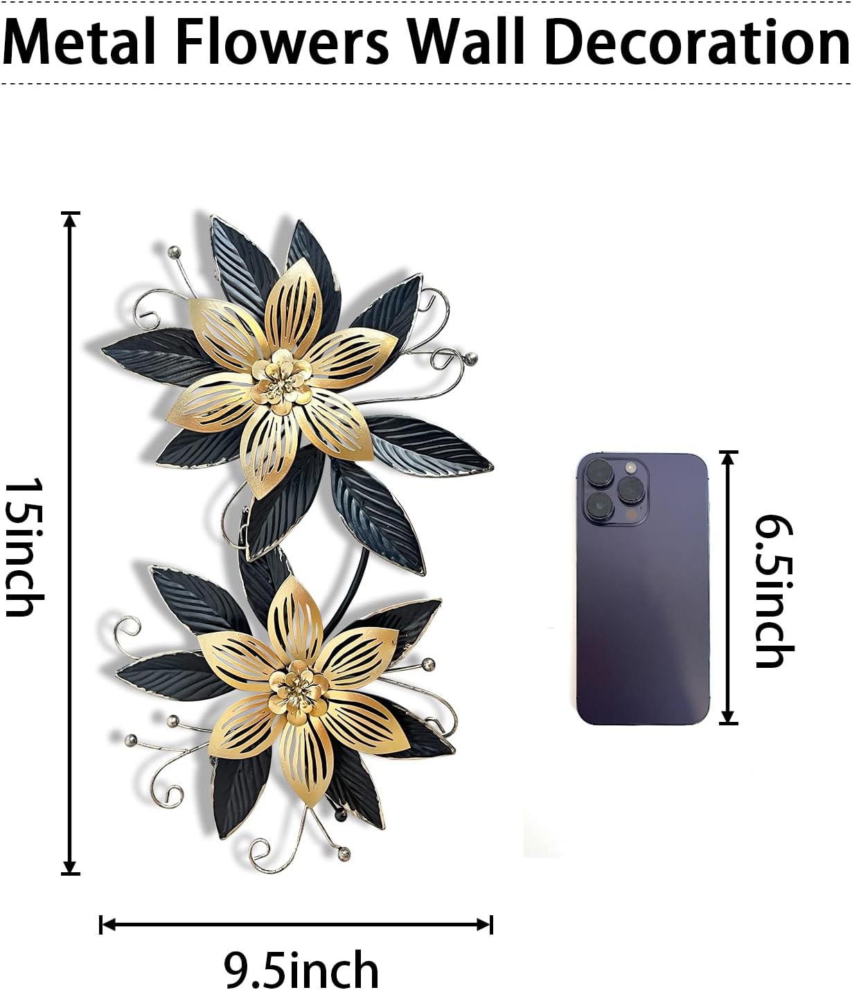 LIFFY Black Gold Metal Flowers Wall Decor,15" 3D Multi-layer Modern Floral Art, Rustic Distressed Hanging Decor for Indoor, Bedroom Living Room Garden Patio, Home Decoration Accent