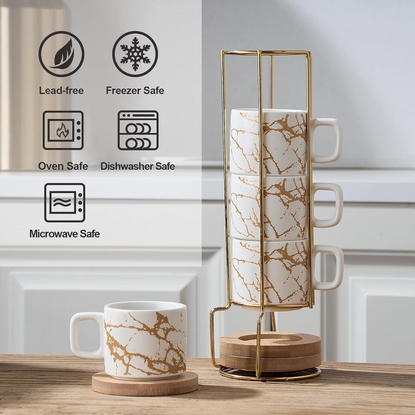 LUKA Porcelain Espresso Cup with Saucer and Metal Stand, 4 Ounce Stackable Ceramic Demitasse Espresso Mugs Cups Set for Latte,Coffee,Cafe Mocha,Tea(Set of 4),Marbling White