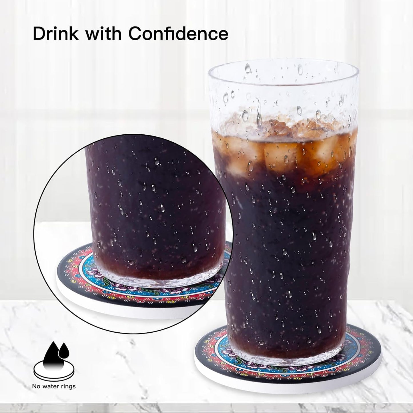 Coasters Absorbent Ceramic Coaster Drink Coasters with Cork Back Turkish Pattern Set of 6 Round Coaster Non Slip for Coffee Table Wine Glass Home Bar 4 Inch, Colorful