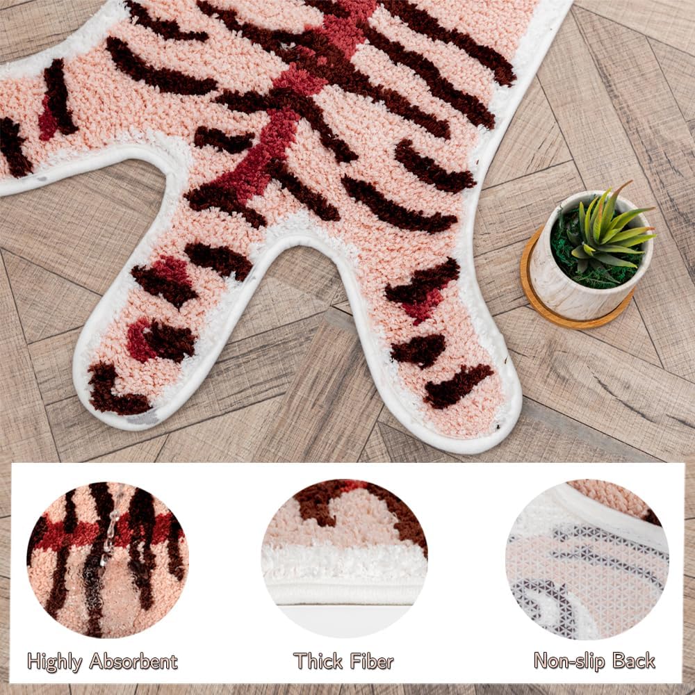 Huichenxing2021FURSTORE Funny Tiger Bath Mat - Cute Peach Pink Tiger Cartoon Bathroom Non Slip Animal Shaped Absorbent Small Bathtub Rug, Plush Shower Rug 33.1x21.7in