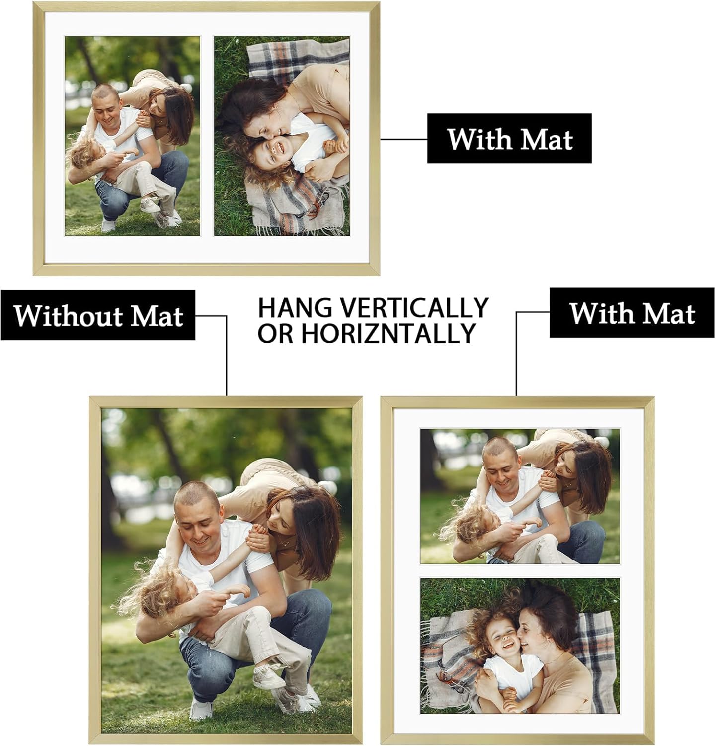 Frametory - 8.5x11 Aluminum Collage Picture Frame - Display 5x7 Pictures with 2 Openings Mat - Real Glass Front - With Easel Stand for Horizontal/Vertical Wall Mount - Gold 1 Pack