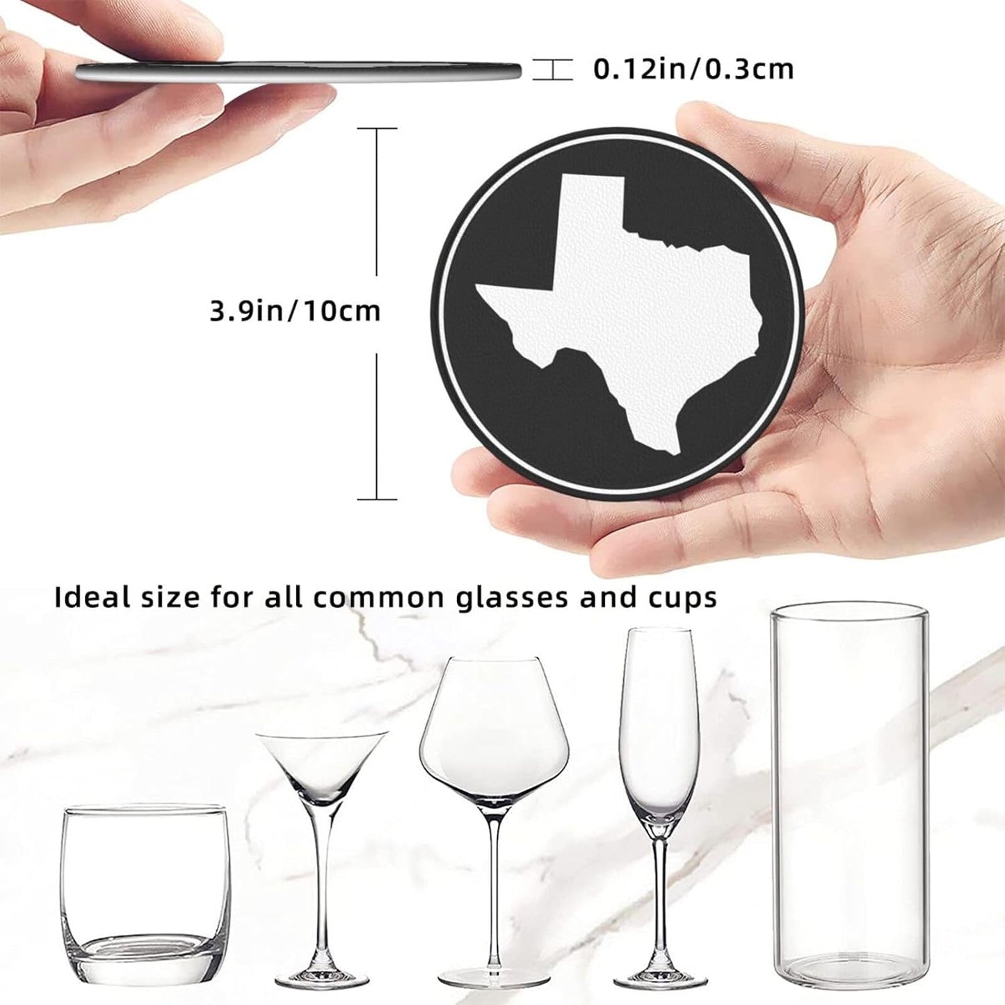Black and White Texas Flag Leather Drink Coasters Set of 6 with Holder Round Cup Coaster for Table Decor
