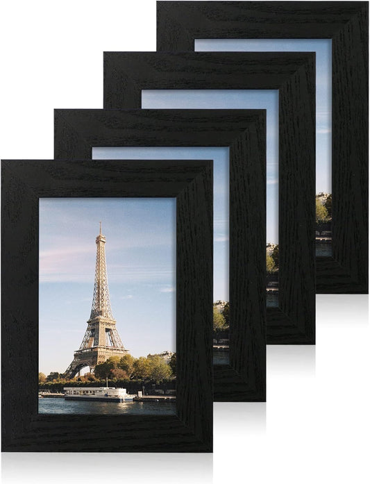 iRahmen 4x6 Picture Frame Set of 4, Black Wooden Frame with High Definition Glass, 4 x 6 Photo Frames for Tabletop Display and Wall Mounting