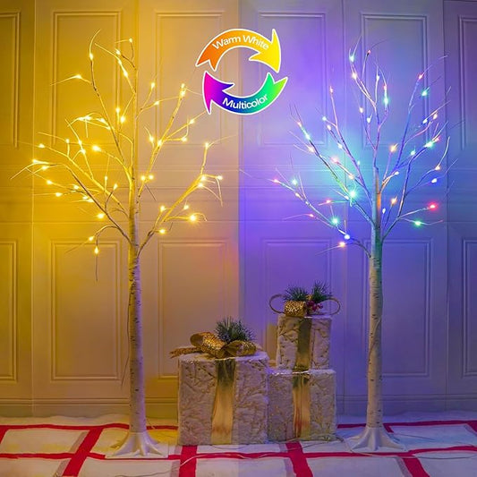 2-Pack 4FT Lighted Birch Tree, Birch Christmas Tree for Indoor & Outdoor, Upgraded 96 LED Birch Tree Lights for Outdoor Christmas Decorations Indoor Home Thanksgiving (Warm White & Multicolor)