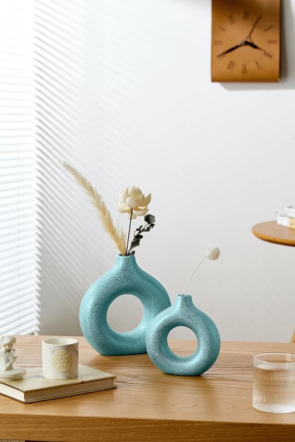 Set of 2 Donut Hollow Ceramic Vase Handmade Minimalist Boho ins Style, Modern Vase for Home Decor for Wedding Dinner Table Party Living Room Office Bedroom (Blue-Gold, Extra Large + Large)
