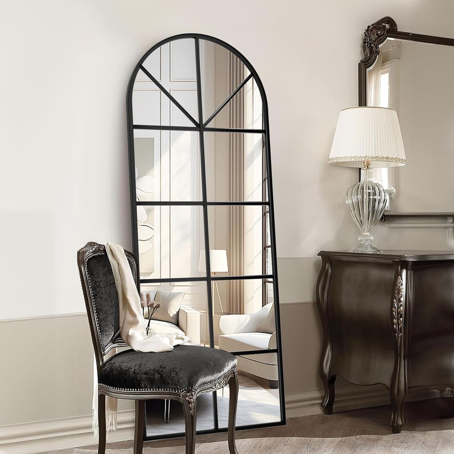 Floor Full Length Mirror, Black Arched-Top Mirror Full Length, Large Window Pane Body Mirrors, 65"x22" Wall Mounted Standing Mirrors Hanging or Leaning for Bedroom, No Stand